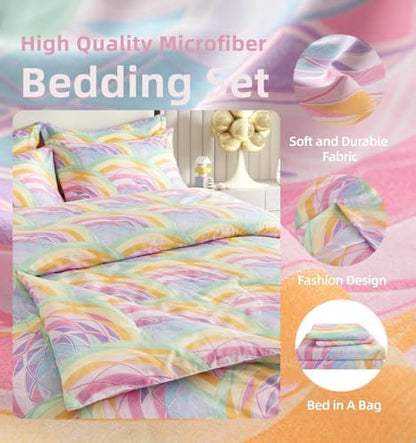 SDY 7PCS Rainbow Comforter Set Full Size Cute Printed Comforter Sets Bed in a Bag for Toddler,Girls Boys and Kids, with Comforter, Flat Sheet, Fitted Sheet and Pillowcases & Shams