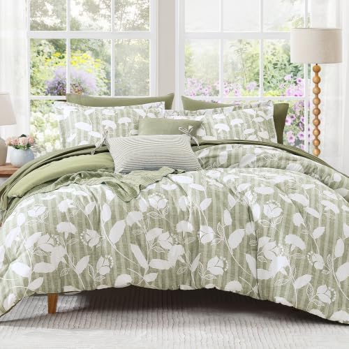 BLOOMHAVEN Full Size Comforter Sets-7 Pieces Sage Floral Bed in a Bag