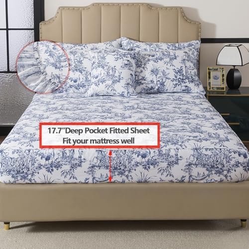 FADFAY Toile Sheet Set Queen Classic Blue & White 100% Egyptian Cotton French Country Bedding Toile de Jouy Pastoral Scenic Farmhouse Bedding Deep Pocket Sheets Breathable Soft for All Seasons 4Pcs