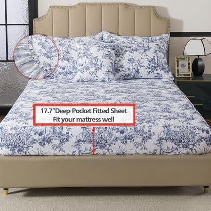 FADFAY Toile Sheet Set Queen Classic Blue & White 100% Egyptian Cotton French Country Bedding Toile de Jouy Pastoral Scenic Farmhouse Bedding Deep Pocket Sheets Breathable Soft for All Seasons 4Pcs