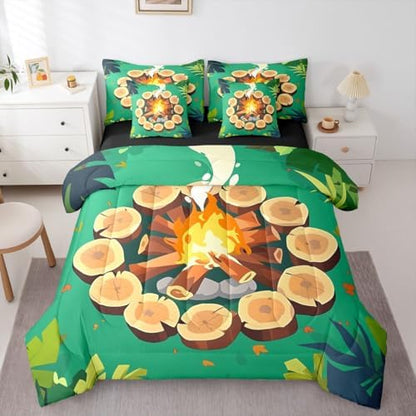 Erosebridal Campfire 7 Piece Bed in A Bag Twin Tree Stump Comforter Set Happy Camping Bedding Sets for Kids Boys Girls Woodland Campsite Forest Stones Trees Sheet Set with Comforter