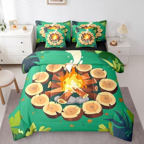 Erosebridal Campfire 7 Piece Comforter Set Full Tree Stump Bed in A Bag Happy Camping Bedding Sets for Kids Boys Girls Woodland Campsite Forest Stones Trees Sheet Set with Comforter