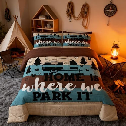 Manfei Rustic Adventure Camper Kids Comforter Set Full Size,Pine Tree Wooden Cabin Farmhouse Bedding Set,Girls Boys Room Decor,Lake House RV Quilt Comforter,Brown Retro Duvet Insert,2 Pillowcases