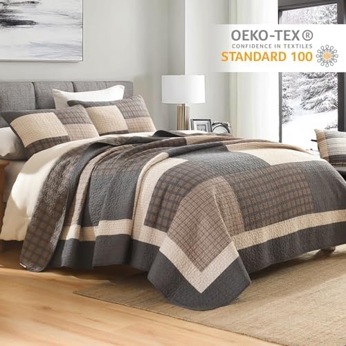 Finlonte 100% Cotton King Size Quilt, King Comforter with Pillow Shams, Farmhouse Plaid Quilted Bedspread, Lightweight Soft Quilt Bedding Set, Brown/Beige/Gray