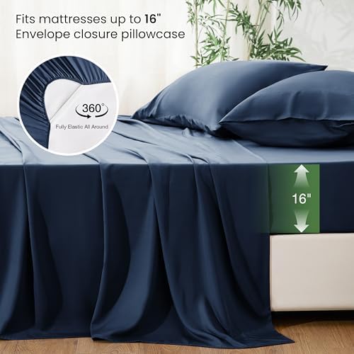 Love's cabin 4 Piece Full Size Sheet Set, 100% Rayon Derived from Bamboo, Cooling & Breathable, Soft Silky Deep Pocket up to 16", Hotel Luxury Bedding for Hot Sleepers, Navy