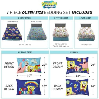 Spongebob Squarepants Kids Bedding Super Soft & Cozy Reversible Microfiber Comforter and Sheet Set with Sham, 7 Piece Queen Size, (Officially Licensed Product) By Franco