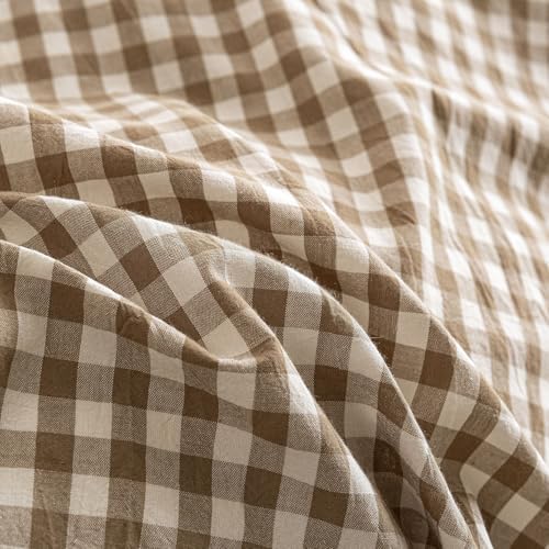 Mucalis Tan Gingham Duvet Cover King 100% Washed Cotton Beige Brown Plaid Checkered Duvet Cover Set Vintage 3 Piece Grid Bedding Set with Zipper Closure Corner Ties,Durable,Breathable,Easy Care