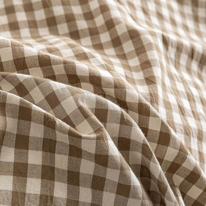 Mucalis Tan Gingham Duvet Cover King 100% Washed Cotton Beige Brown Plaid Checkered Duvet Cover Set Vintage 3 Piece Grid Bedding Set with Zipper Closure Corner Ties,Durable,Breathable,Easy Care