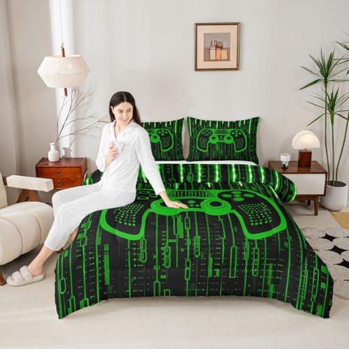 Feelyou Green Gaming Bedding Set Toddler Size, Gamer Comforter Kids Gamer Comforter Set for Kids Modern Game Duvet Set Game Room 2Pcs