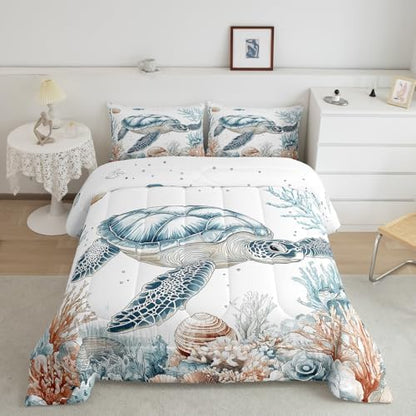Homewish Sea Turtle Bedding Set King Size,Ocean Coral Shells Comforter Set 3Pcs for Kids Girls Boys Adult Room Decor,Underwater World Quilt Set Wild Animals Duvet Insert,2 Pillowcases