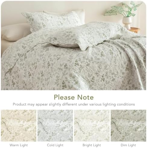 Lady Ann Oversized King Quilt Bedspreads 128x120, 3 Pcs Cotton California King Size Quilted Bedding Set, Cottagecore Green Leaves Pattern Plant Botanical Printed Quilted Coverlet Set