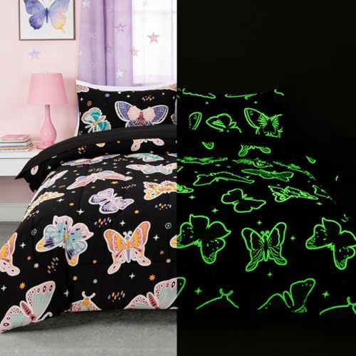Girl Twin Comforter Set, 5 Pieces Glow in The Dark Butterfly Bed in A Bag