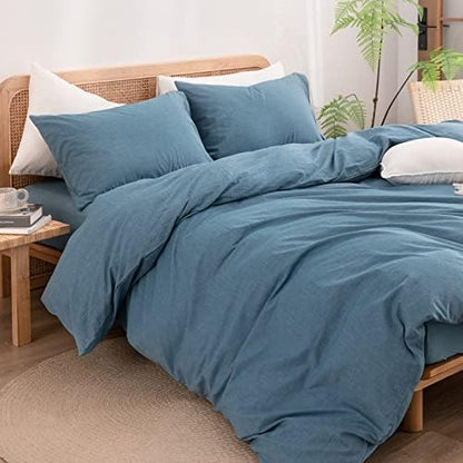 BESTOUCH Cotton Solid Duvet Cover Set Linen Feel Dark Blue California King