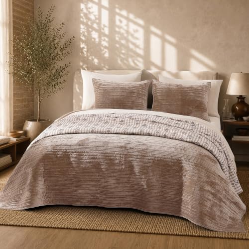 BLOOMHAVEN Brown Velvet Quilt Queen Size-Reversible Queen Quilt Bedding Set