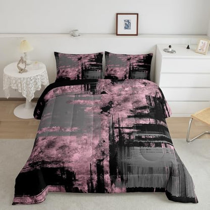 Kids Pink Grey Black Bedding Set Toddler Size Abstract Duvet Quilt for Boys Girls Bedroom Decor Geometric Comforter Set Breathable Soft Lightweight Microfiber Women Men Modern With 1 Pillow Case