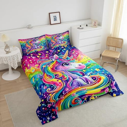 Rainbow Unicorn Comforter Sets Queen Size Cartoon Watercolor Unicorn Star Bedding Set for Kids Girls Boys Teens Bedroom Decor,Cute Animal Theme Duvet Quilt Soft Reversible Comforter 3 Pcs