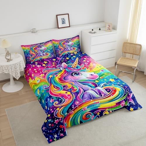 Castle Fairy Rainbow Unicorn Comforter Sets King Size Cartoon Watercolor Unicorn Star Bedding Set for Kids Girls Boys Teens Bedroom Decor,Cute Animal Theme Duvet Quilt Soft Reversible Comforter 3 Pcs