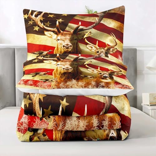 LUVIVIHOME 3PCS Deer Comforter Set Full Size, Camo Bedding, 4th of July American Flag Mallard Duck Forest Animal Wildlife Hunting Hunter Country Rustic Farmhouse Cabin Bedroom Decor, 2 Pillow Shams