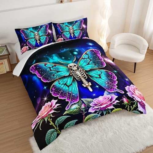 Butterfly Bedding Rustic Flower Comforter Set for Kids Girls Bedroom Decor, Gothic Skull Comforter Set Queen Size, Aesthetic Animal Theme Bedding Soft Lightweight with 2 Pillowcases