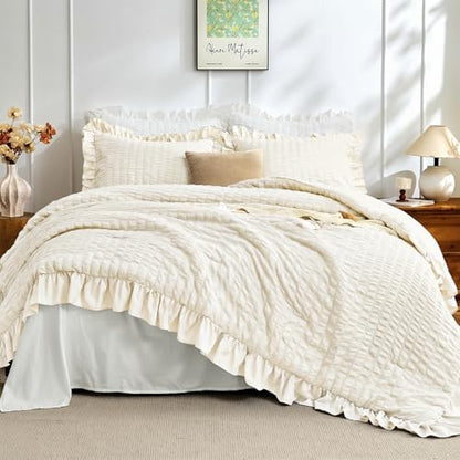 JOLLYVOGUE Ivory Comforter Full Size, 3 Pieces Seersucker Lightweight Full Size Bedding, All Season Fluffy Microfiber Bedding Comforter Set with 1 Ruffle Comforter and 2 Ruffle Pillowshams