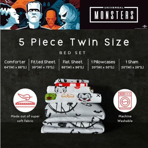 Universal Little Monsters Halloween 5 Piece Twin Bedding Set - Super Soft Cozy Reversible Comforter and Sheet Set with Sham, (Officially Licensed Product) By Franco