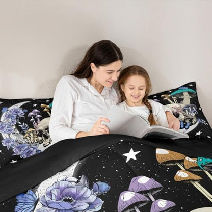 Star Moon Comforter Set Queen Size Mushroom Sugar Skull Bedding Set 3pcs for Kids Girls Boys Youth Bedroom Decor Exotic Plants Quilted Duvet Purple Flower Butterfly Duvet Insert,Black White