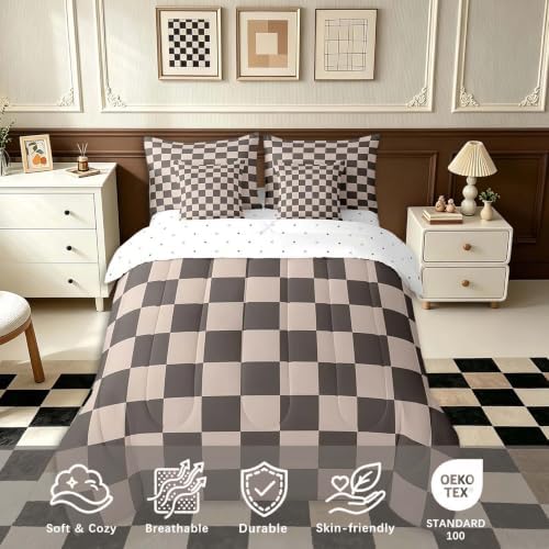Feelyou Checkered Retro 7 Piece Bedding Set Teen Women Men Gradient Brown Plaid Comforter Set with Sheets King Size Kids Boys Geometric Vintage Bed in a Bag Modern Simple Groovy Aesthetic Room Decor