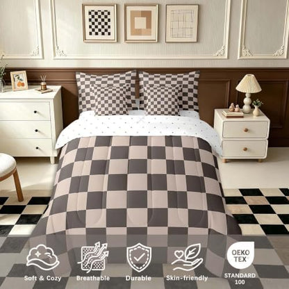 Feelyou Checkered Retro 7 Piece Bedding Set Teen Women Men Gradient Brown Plaid Comforter Set with Sheets Queen Size Kids Boys Geometric Vintage Bed in a Bag Modern Simple Groovy Aesthetic Room Decor