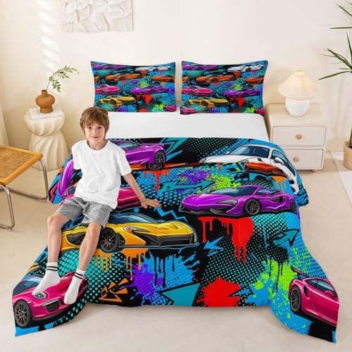 Feelyou Boys Sports Car Comforter Set All Season Speed Race Car Bedding Set with 2 Pillow Cases Racing Extreme Sports Kids King Bedclothes Automobile Bedroom Decor Duvet Quilt Breathable Soft