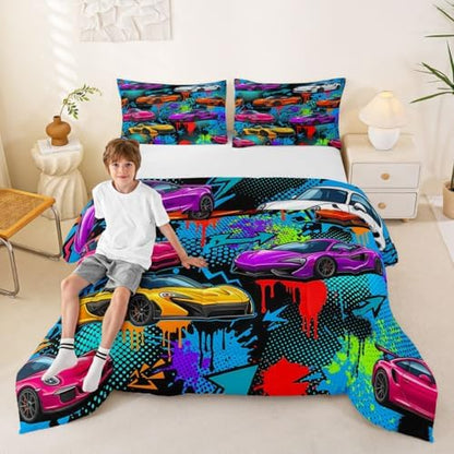 Feelyou Boys Sports Car Comforter Set All Season Speed Race Car Bedding Set with 2 Pillow Cases Racing Extreme Sports Kids King Bedclothes Automobile Bedroom Decor Duvet Quilt Breathable Soft