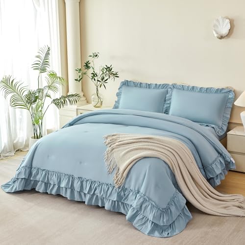 ANGIYUIN Full Size Comforter Sets Dusty Blue Ruffled Bedding Sets