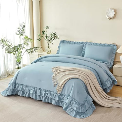 ANGIYUIN Full Size Comforter Sets Dusty Blue Ruffled Bedding Sets