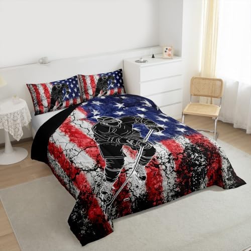 Homewish American Flag King Size Comforter Set,Kids Hockey Sport Player Decor All Season Bedding Set,Teens Retro Style Comforter,Girls Blue and Red Decor Quilt Set Bedroom Collection 3Pcs