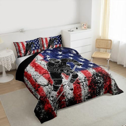 Homewish American Flag King Size Comforter Set,Kids Hockey Sport Player Decor All Season Bedding Set,Teens Retro Style Comforter,Girls Blue and Red Decor Quilt Set Bedroom Collection 3Pcs
