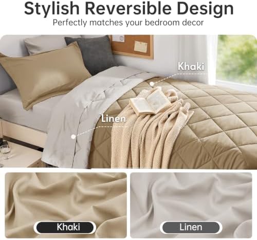 MUXHOMO 5 Pieces Twin XL Comforter Set, Reversible Bed in a Bag Twin XL Size, All Season Bedding Set with Comforter, Flat Sheet, Fitted Sheet, Pillowcases & Shams, Khaki & Linen