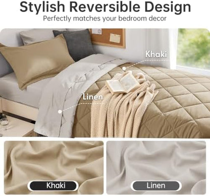 MUXHOMO 5 Pieces Twin XL Comforter Set, Reversible Bed in a Bag Twin XL Size, All Season Bedding Set with Comforter, Flat Sheet, Fitted Sheet, Pillowcases & Shams, Khaki & Linen