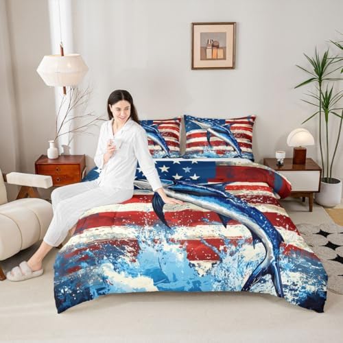 Marlin Swordfish Comforter Set Boys American Flag Bedding Set, Hunting and Fishing Comforter for Kids Teens Adult Bedroom Marine Life Ocean Animal Down Comforter with 2 Pillow Cases, Blue Red, King