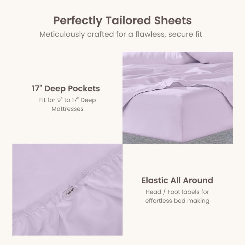 BIOWEAVES 100% Organic Cotton Sheets, 300 Thread Count 4-Piece GOTS Certified Bed Sheet Set Fits Mattress Upto 17" Deep Pocket, Soft & Silky Sateen Weave (King, Lavender)