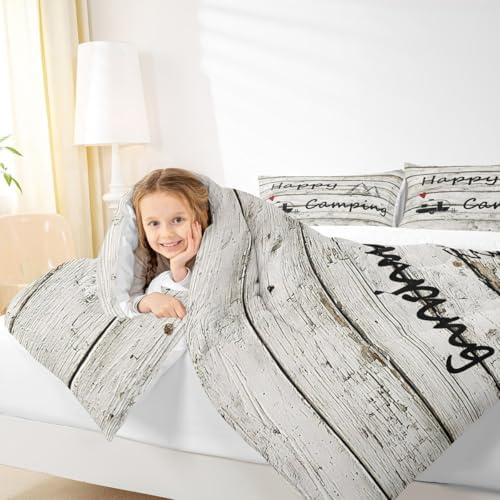 Homewish Happy Camping Comforter Set Farm Farmhouse Bedding Set for Kids Girls Women Adults Wood Rustic Comforter Camper Theme Quilted Duvet Set Bedroom Collection Twin Size 2Pcs