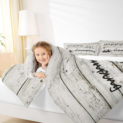 Homewish Happy Camping Full Size Comforter Set Farm Farmhouse Bedding Set for Kids Adults Teens Wood Rustic Comforter Luxury Camper Theme Quilt Set Room Decor 3Pcs