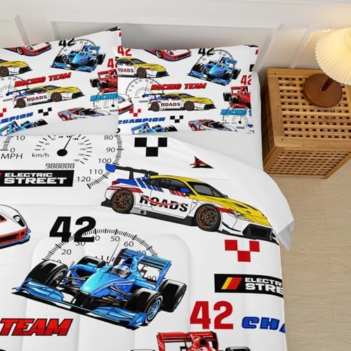Race Car Themed Comforter Set Queen for Boys，Race Car Bedding Queen Bed Set，Kids Race Car Bedroom Decor with 1 Comforter with 2 Pillow Case