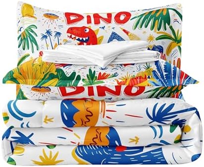 Helloosun 5PCS Dinosaur Comforter Sets Twin,Cartoon Dinosaur Bedding Sets for Kids,Colourful Toddler Comforter Twin