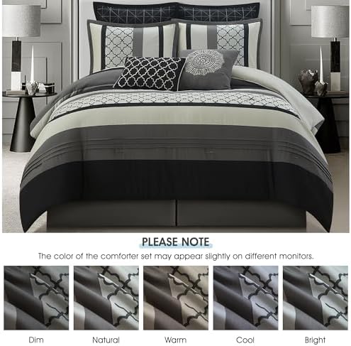 LANCO MODERN LIFESTYLE King Comforter Set, Black Gray Bedding Set, Jacquard Woven with Embroidery, 8 Pieces Bed in a Bag, Bed Skirt, Shams and Decorative Pillows