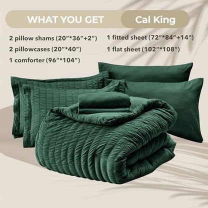 HYMOKEGE Emerald Green California King Comforter Set Seersucker 7 Pieces, All Season Luxury Bed in a Bag for Bedroom, Bedding Set with Comforter, Sheets, Pillowcases & Shams