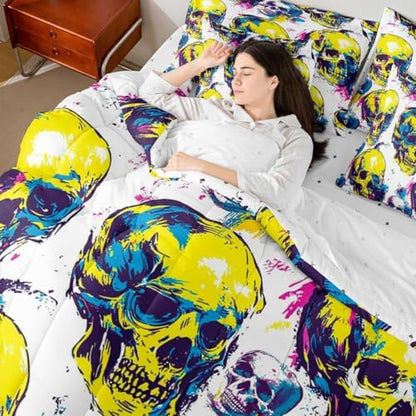 Erosebridal Sugar Skull 7 Piece Bedding Set Twin Gothic Neon Comforter Set with Sheets Happy Halloween Bed in a Bag Cartoon Skeleton Colorful Ombre Bed Sets Comforter