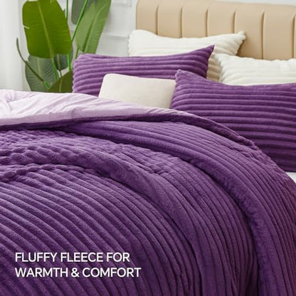 BEDELITE Fleece Queen Comforter Set, Fluffy Bed Set, Purple