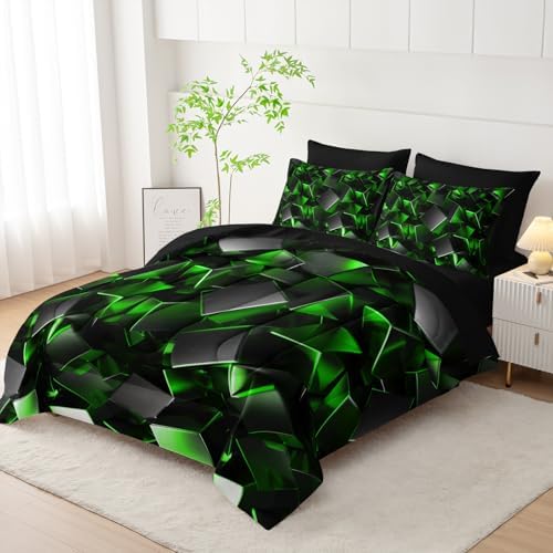 Nttopship Black and Green Geometric Comforter Set King Size 7PCS,Abstract Triangular Printed Bedding Set for Adults,Geometric Mordern Art Decor All Seasons with Pillowcases,Flat, Fitted Sheet