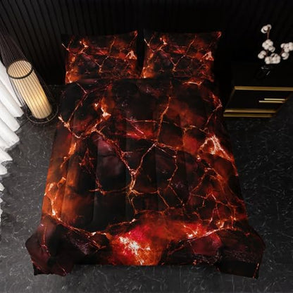 Nttopship Orange Comforter Set King Size，Orange Marble Bedding Set 3 Pcs Bedding for Adults, Marble Room Decor with Comforter and 2 Pillowcases Soft and Lightweight B-Side Black