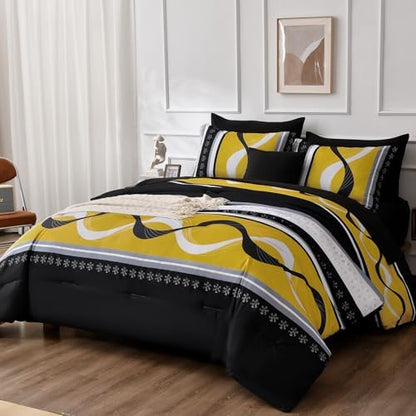 Anibedding Yellow Black Comforter Set Full Size,8 Pieces Bed in a Bag