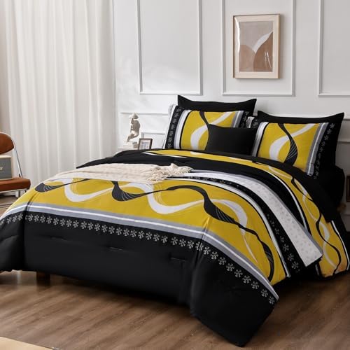 Anibedding Black Yellow Comforter Set King Size,8 Pieces Bed in a Bag